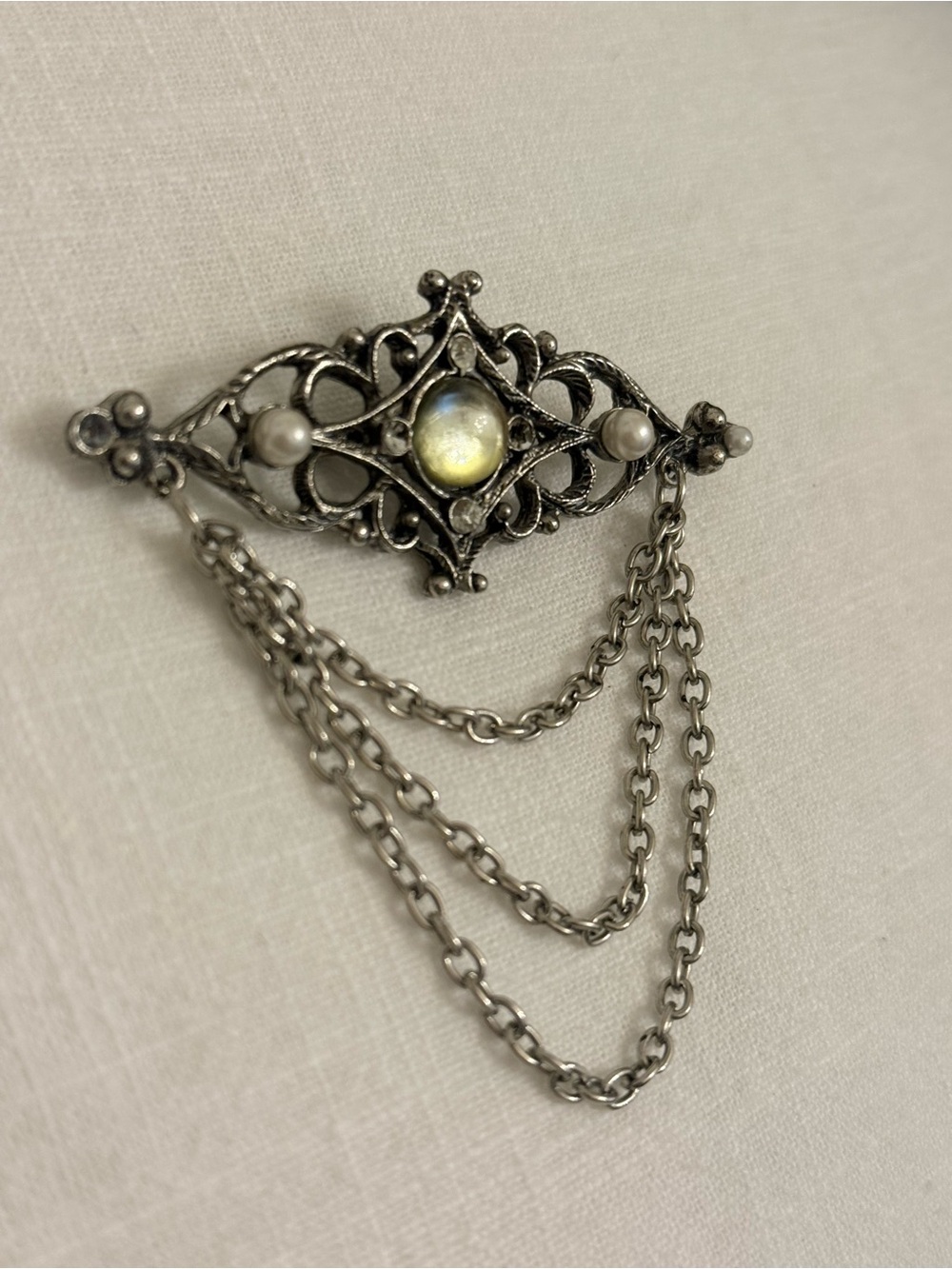 Vtg 1980s Victorian Revival Silver Filigree Brooch Pin Triple Swag Dangle Chain - Picture 4 of 10